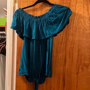 Teal off the shoulder shirt with tie bottom and ruffle top